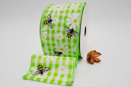 Plain weave check ribbon_green spring n summer bees